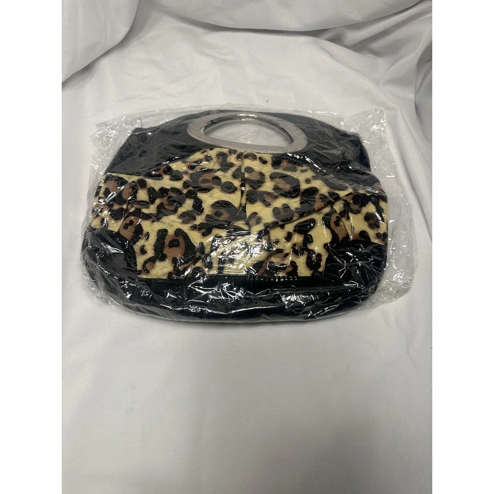 Leopard‎ Print Handbag Silver Metal Circle Handle Black Animal Print Tote Bag